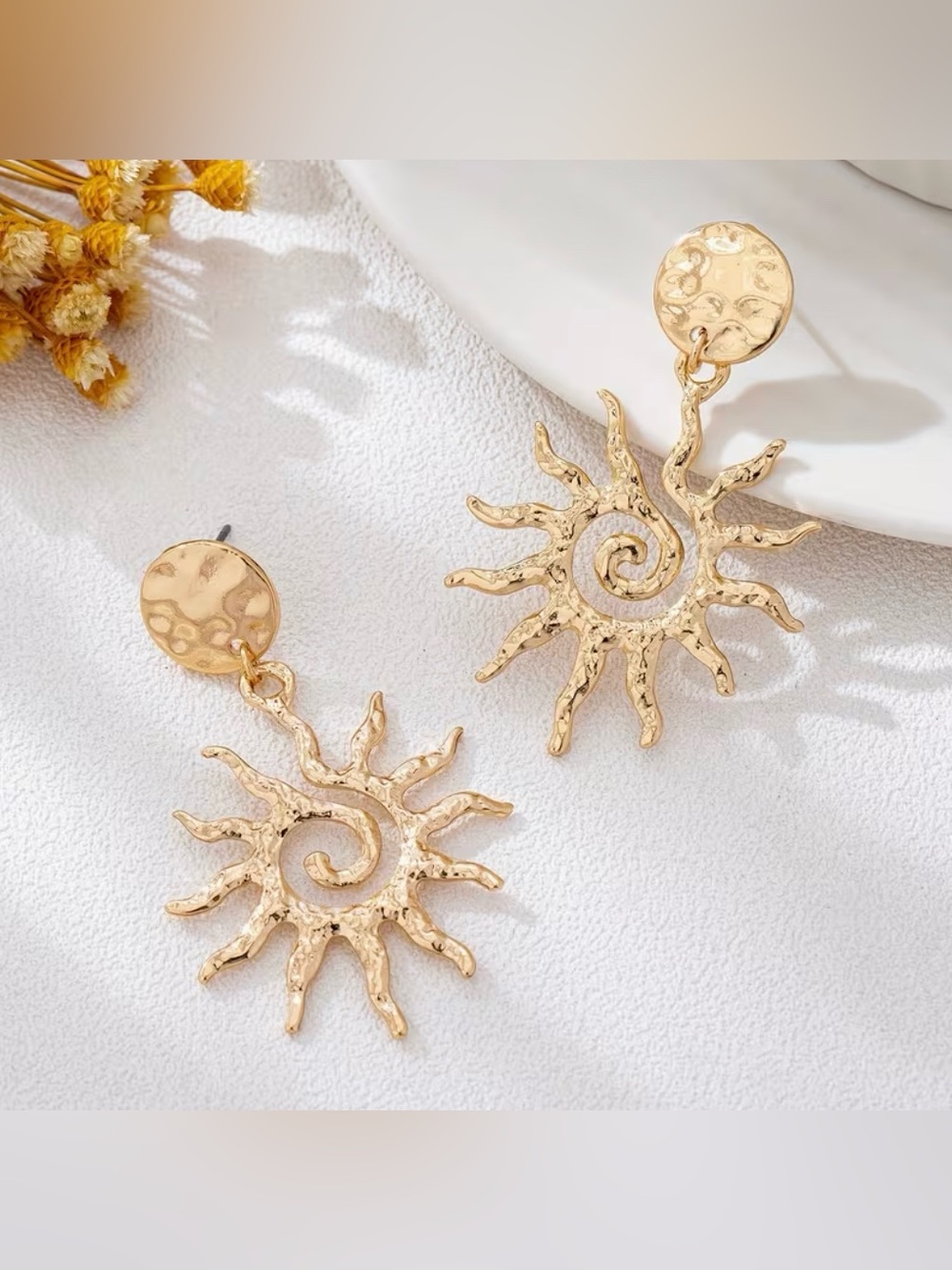 Sun Aztec Brutalist Inspired Hammered Pattern Earrings - Picture 2 of 8